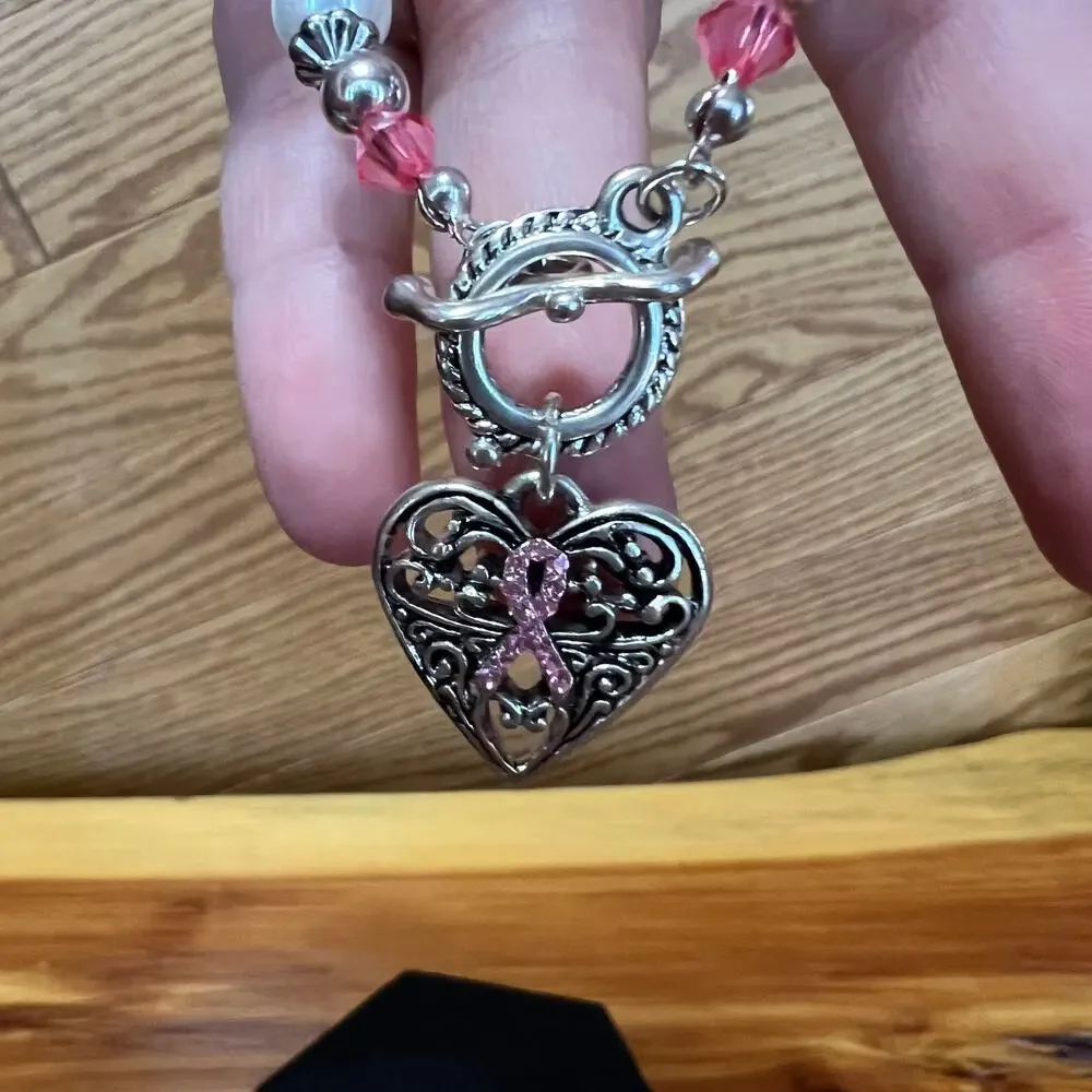 Breast Cancer Pink‎ Ribbon Silver Tone Beaded Bracelet Strength Courage Hope